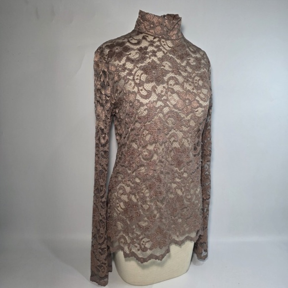 Y2K Metallic Lace Mock Neck Top Made‎ in USA Brown Long Bell Sleeve Stretch L